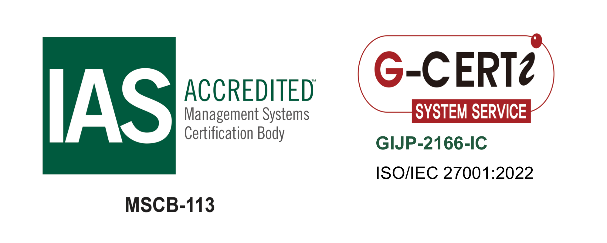 IAS Accredited Management Systems Certification BodyおよびG-CERTI System ServiceのISO/IEC 27001:2022認証マーク、GIJP-2166-IC